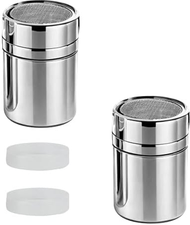 2 Stück Puderzuckerstreuer, mit Feinem Sieb & Deckel, Edelstahl | Klein Kakaostreuer für Cappuccino 5x 7.5cm, Mehl Streuer, für Pulver Zucker, für Backen und Kochen, Drehbarer Deckel