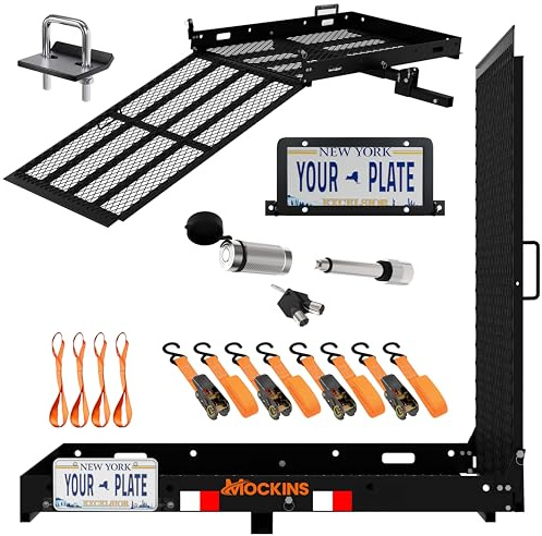 Mockins 48x28.5x4 Folding Trailer Hitch Cargo Carrier with Ramp for Wheelchair | 500 lbs Cap Heavy-Duty Mobility Scooter Carrier for Car 2 Hitch Receiver w/Plate Bracket, Stabilizer, & Straps