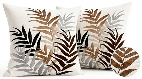 Luzzxfa Braun Outdoor Kissenbezug 40x40 cm 2er Set Wetterfest Blatt Dekokissen Zweiseitiges Muster Sommer Sofakissen Modern Kissen Leinen Kissenbezüge Dekorative für Sofa Garten Balkon Camping