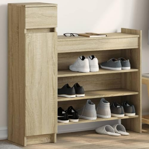 Owoxanthellate Shoe Cabinet Sonoma Oak 100.5x28x100 cm Large Shoe Storage Cupboard with Drawer & Doors, Engineered Wood Shoe Rack for Hallway, Living Room, Bedroom