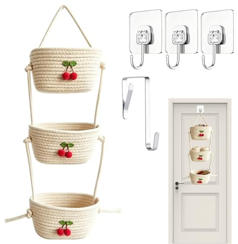 ZBKJYILF Wall Hanging Cotton Baskets, 3-Tier, Beige