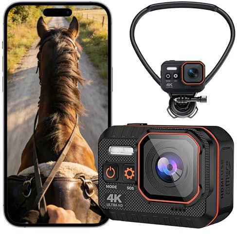 Amouu 4K 60FPS Equestrian POV Action Camera with Anti-Shake Wearable Gimbal, Horse Riding First-Person Recorder, AI-Enhanced 6-Axis Stabilization, IP68 Waterproof, Chest Mount for Training & Trails