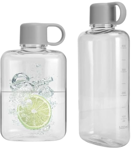2 Gourdes Plates 360 ml + 500 ml Bouteille d'eau portable en Tritan Bouteille d'eau plate et portable avec Couvercle Étanche Échelle et Poignée, Gourdes Plates pour Sac et Sac à Dos Gris