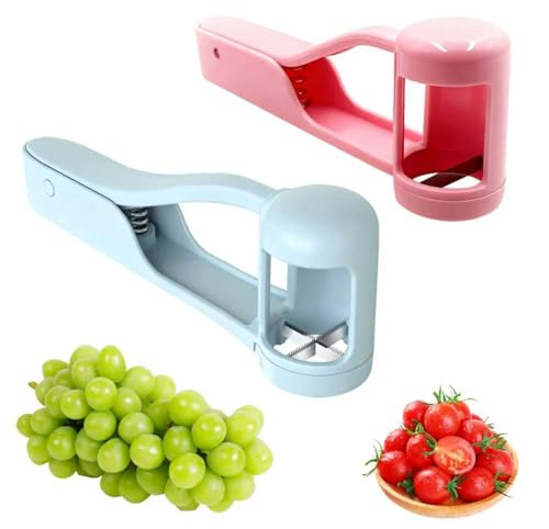 2 Pcs Stainless Steel Grape Quarter Cutter Fruit Slicer for Baby | Stainless Steel One-Half Slicer for Cherry Strawberry Tomato Olive Vegetable Blue Pink