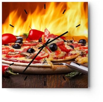 Modern Wanduhr Kuchen Backen Pizza Käse 30x30cm Quadrat Klein Wand Uhr Glas Analog Zimmeruhren Küche Büro Wohnzimmer Glasuhr Wall Clock Dekoration Design Wanddekoration Küchenuhr C3AC30x30-2406