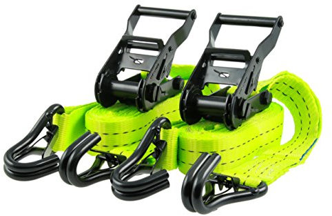 Juego de 2 Correas de Amarre Profesionales 4m Amarillo neón I 35mm de Ancho I Correas de trinquete de Dos Piezas I Negro Recubierto de PU con Gancho en J con Seguridad hasta LC 2000kg DIN EN 12195-2
