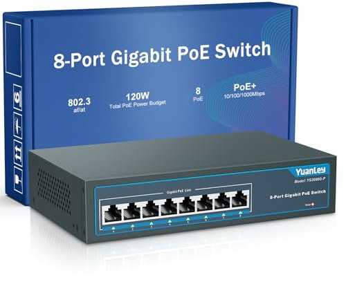 YuanLey 8 Port Gigabit PoE Switch, 120W 802.3af/at, Metal Fanless Unmanaged Plug and Play