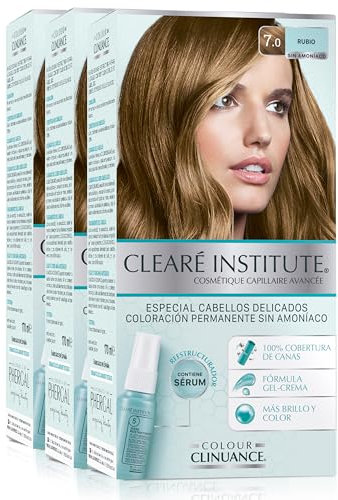Clearé Institute | Colour Clinuance | Coloración Capilar Permanente Sin Amoniaco | Tinte de Pelo 100% Cobertura de Canas, Incluye Sérum Capilar | Método Curly | 7.0 Rubio | Pack de 3