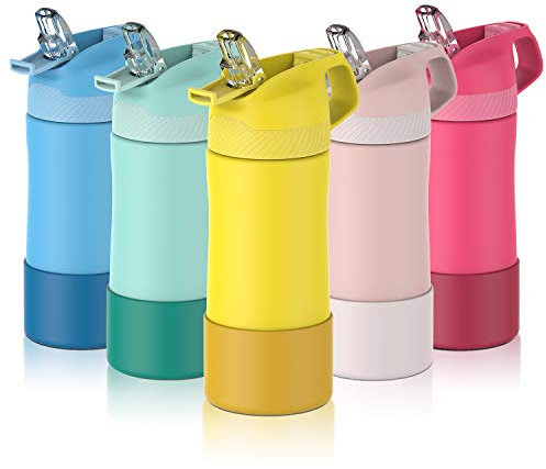 FEIJIAN Trinkflasche Kinder Edelstahl mit Strohhalm Auslaufsicher - 350ML/400ML BPA-frei Thermo Flasche, 1-Klick-Öffnung Wasserflasche für Schule, Kindergarten