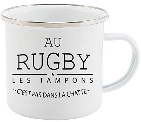 Youdesign FR Retro-Tasse aus emailliertem Metall, bedruckt mit lustigem Zitat zum Rugby – Les Tampons C'est Pas dans la Chatte – Ref. 1611