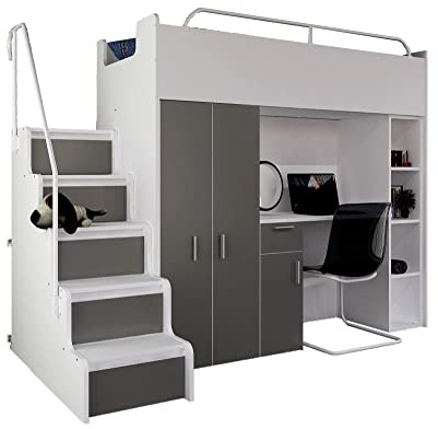 Alter GM High Sleeper Modern Set with Wardrobe Desk Stairs and Cabin Bed Functional Design JESSIE 4S (White and Grey)