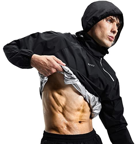 BVVU Saunaanzug für Herren und Damen, Reißverschluss, Schweiß-Saunajacke, Hose, Fitnessstudio, Workout, Schweißanzüge mit Kapuze, Schlankheitstraining, Bodyshaper, 2 Stücke - Jacke & Hose (Schwarz),