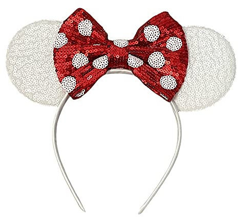 White Sequin Minnie Mouse Inspired Alice Headband With Big Red 5 Sequin Top Bow Handmade