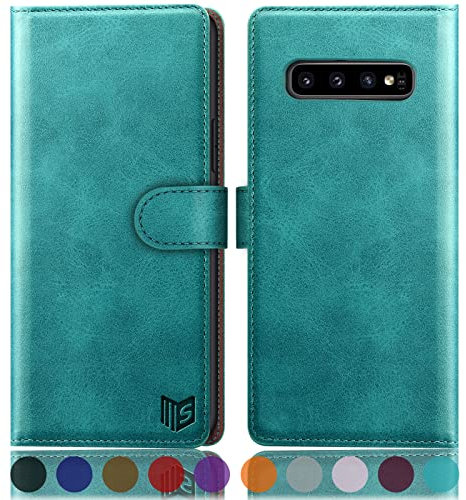 SUANPOT [RFID Schutz für Samsung Galaxy S10 hülle PU Leder handyhülle Lederhülle klapphülle Kartenfach Flip Phone Case Cover für Samsung S10 Handy hülle Phone case Cover Blau Grün