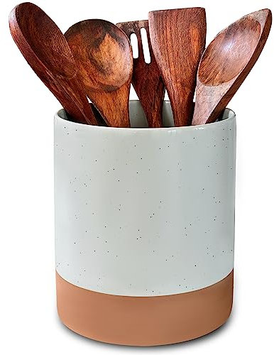 Mora Ceramic Kitchen Utensil Holder - Wooden Spoon & Spatula Crock for Countertop, Modern Farmhouse Home Decor, Extra Large 7.3 Cooking Organizer for Stove Top and Counter - Heavy & Sturdy - Grey