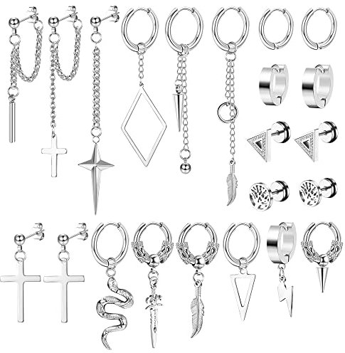 Kakonia 22 Stück Ohrringe Herren Männer 316L Edelstahl Silber Punk Creolen Ohrringe Kpop Ohrpiercing Schmuck Kreuz Schlange Kette Ohrstecker Herren mit Gothic Accessoires