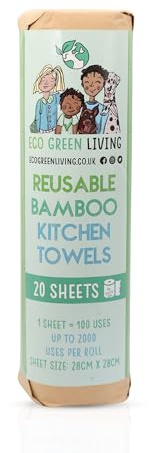 Eco Green Living Reusable Bamboo Kitchen Towels, Washable, Sustainable Paper Towel Alternative, Super Absorbent, Plastic-Free Packaging, Up to 100 Uses Per Sheet, 1 Roll x 20 Sheets