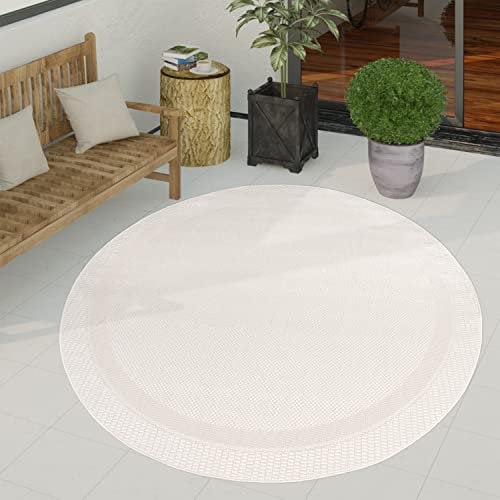 Paco Home Outdoor Teppich Wetterfest Wohnzimmer Balkon Küchenteppich Schlafzimmer Moderne Geometrische Muster, Grösse:200 cm Rund, Farbe:Weiß