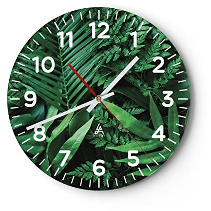 Modern Wanduhr Exotisch Blätter Monstera 30x30cm Rund Klein Wand Uhr Glas Analog Zimmeruhren Küche Büro Wohnzimmer Glasuhr Wall Clock Dekoration Design Wanddekoration Küchenuhr C4AR30x30-4746