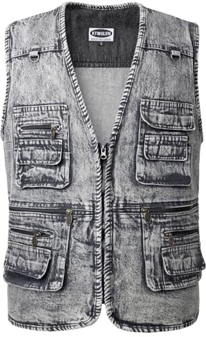 KTWOLEN Homme Gilet en Jean Motard Denim Gilet de Vélo Veste Sans Manches en Jean Multipoche Gilet en Jean pour Photographe Chasse Pêche Voyage, Charbon, 3XL
