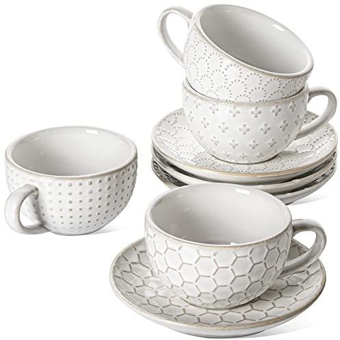 LE TAUCI Cappuccinotassen mit Untertassen, 170 ml, Keramikprägung, Kaffeetasse für Au Lait, Double Shot, Latte, Cafe, Mokka, Tee, spülmaschinenfest, 4er-Set, arktisches Weiß
