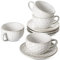 LE TAUCI Cappuccino Cups with Saucers 6 oz, Ceramic Embossment Coffee Cup for Au Lait, Double shot, Latte, Cafe Mocha, Tea, Dishwasher Safe - Set of 4, Arctic white