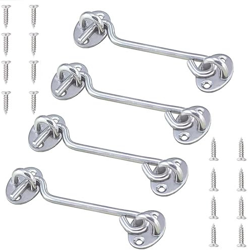 VENGABY 4 Stück Sturmhaken Kabinenhaken mit öSe, Edelstahl TüRhaken Fensterhaken, Sturmhaken für SchwingtüR Holz, FensterläDen Holz,Scheunentor Gartentor Riegel mit Montage (Silver, 4 IN)
