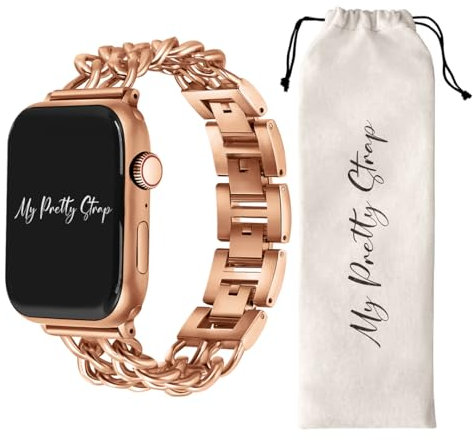 My Pretty Strap Double Chain Band Compatible with Apple WATCH SE Series 8 7 6 5 4 3 2 1, 38/40/41mm or 42/44/45/49mm for Women (38MM / 40MM / 41MM, Rose Gold)
