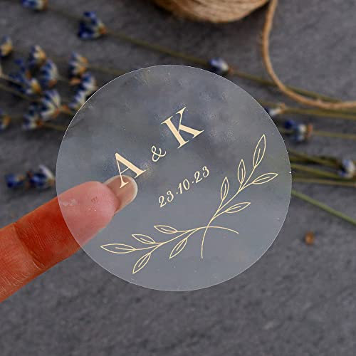 ygm 100PCS étiquettes Transparentes Faites sur Commande d'or,Autocollants Vintages Personnalisables Date,Nom,pour Invitations à Un Mariage,Un Baptême,des Fiançailles,Un Anniversaire (YJB11,3cm)