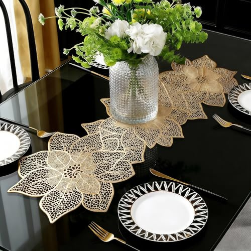FAVE Goldfarben blumenförmiger Tischläufer 90 cm für Esstisch | Wasserfest, waschbar, für Hochzeitsbankette, Geburtstagsfeiern, Restaurantdekoration und täglichen Gebrauch (Gold Blumenform)