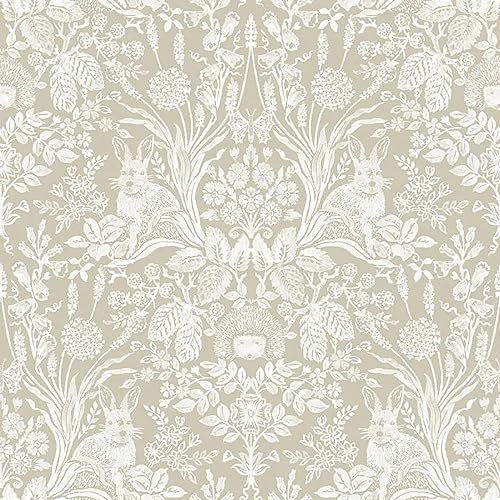 Harlen Beige Wallpaper - Floral Flowers Leaves Naturistic Botanical Hedgehog Rabbit - Bedroom Feature Wall