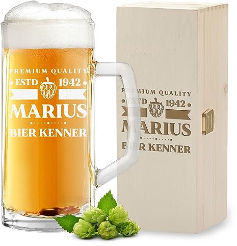polar-effekt 2er-Set Bierkrug 0,5 L aus Glas und Holzkiste mit Gravur für Männer - Bierseidel Geschenk zum Geburtstag und Jubiläum - das Männergeschenk - Bierglas mit Füllstrich, spülmaschinenfest