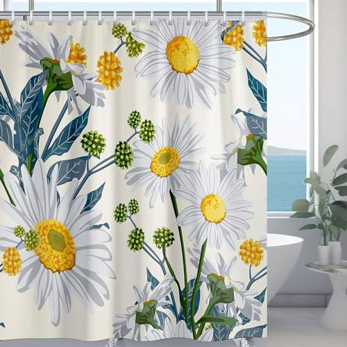 Hykiee Duschvorhang 180X180cm Anti-Schimmel, Blumen Wasserdicht Maschinenwaschbar und Schnell Trocknend Polyester Gänseblümchen Duschvorhänge Shower Curtain für Badezimmer mit 12 Duschvorhängeringen