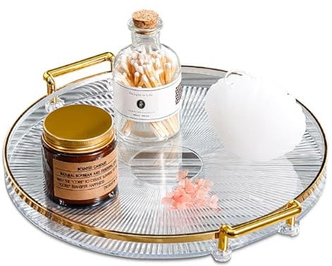 Golden Handles Luxury Display Tray - Round Acrylic Serving Platter for Home, Coffee Table Tray - Clear