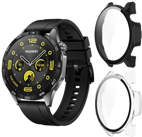 Aerku Coque Compatible avec Huawei Watch GT 4 46mm, [Avec Screen Protector] Coque Protection 9H HD Protection Écran en Verre Trempé PC Coque Anti-Rayures Case - Transparent&Noir
