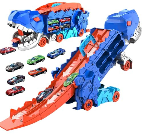 Aolawco 11-in-1 Dinosaurier Transporter Truck Spielzeug mit inkl Autorennbahn, Cars Spielzeug Geschenk für Kinder ab 3 4 5 Jahren Jungen, Tragbares Rennbahn Spielzeugauto mit 8 Rennautos(Blue)