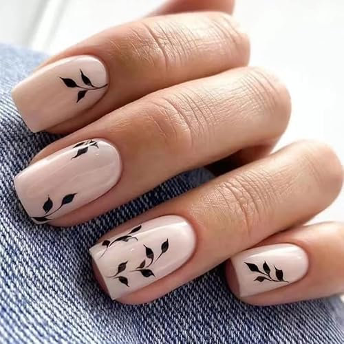 Agasar 24pcs Short Square Nude Pink Leaf Press On False Nails, Full Cover, Matte Finish, Assorted Sizes, Easy Application Kit, Nature-Inspired Elegance, Women & Girls, Adults