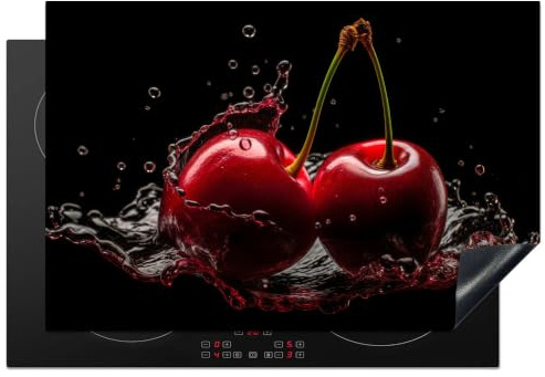 KitchenYeah© Protection Pour Plaque Induction Deco Cuisine Protégé Cache De | 76x51 cm - Cuisson Vitroceramique Cerises - Rouge - Fruit - Eau - Noir