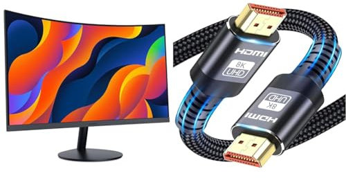 KOORUI 24-Inch Curved Computer Monitor- Full HD 1080P 60Hz Gaming Monitor & 8K HDMI Cable 2.1, Available in HDMI Cables 0.5M/1M/2M/3M/5M Lengths for Selection,Ultra HD Cable High-Speed Lead 48Gbps