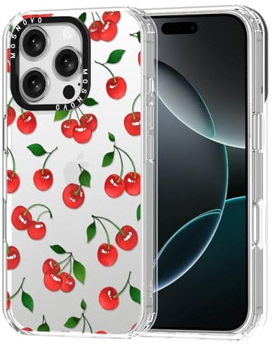MOSNOVO Case for iPhone 16 Pro, [Buffertech 6.6ft Military-Grade Drop Protection] [Anti Peel Off Tech] Clear TPU Bumper Phone Case Cover Design - Cute Cherry