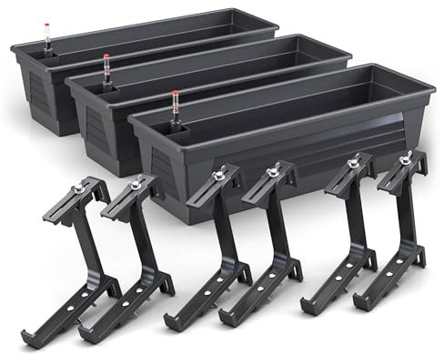 Plastard Blumenkasten Milano 3er Set 80 cm lang mit Hydroeinsatz Wasserstandsanzeiger und Balkonhalterung witterungsbeständiger Pflanzkasten Farbe Anthrazit