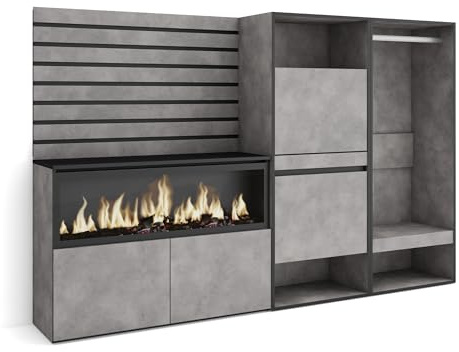 Skraut Home | Sideboard, Kommode | Aufbewahrungsschrank | 227x145x35 cm | Für Schlafzimmer, Zimmer | Elektrokamin XXL | Schuhschrank | Offener Kleiderschrank | Moderner Stil | Zement