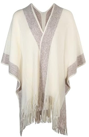 ZLYC Women's Lightweight Shawl Golden Trim Textured Knit Blanket Wrap Fringe Poncho with Contrast Trims(Plain Cream White),One Size