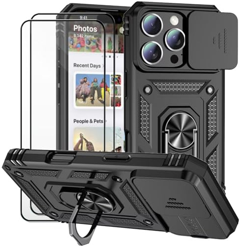 Dechyi Cover per Iphone 16 Pro 6.3 Pollici con Vetro Temperato Custodia con Scorrevole Protezione Fotocamera Custodia Rotante Anello Supporto Antiurto TPU Bumper Custodie-Nero