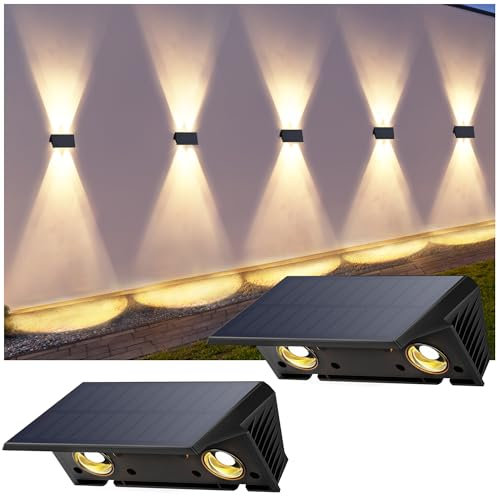 IIRARA Applique Solaire Extérieur, Nouvelle Génération 2025 Haut & Bas Applique Murale Solaire Blanc Chaud 1500mAh Lampe Solaire Murale Extérieur IP67 Étanche 2 Articles 100 Lumens pour Clôture Jardin