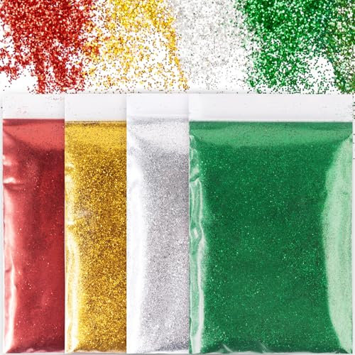 BOOMTOP Polvere Glitterata 4x50g per Artigianato 0,3mm - Glitter per Unghie, Corpo, Creazione Fai da Te - Rosso, Verde, Oro, Argento