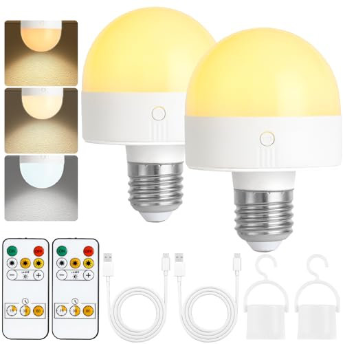 Bombillas recargables con cronómetro y control remoto, bombillas de fotobatería ajustables, bombillas LED de carga E27/E26, lámparas de cableado no duro con 3 temperaturas de color, 2 paquetes