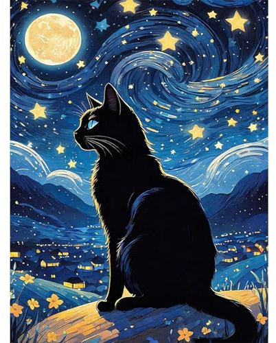 HEIBAGO Animaux Peinture par Numero Adulte, Ciel Étoilé Kits de Peinture, Chat Kit de Peinture à l'huile pour Débutants, Peintures Acryliques pour la Décoration de la Maison,30X40cm