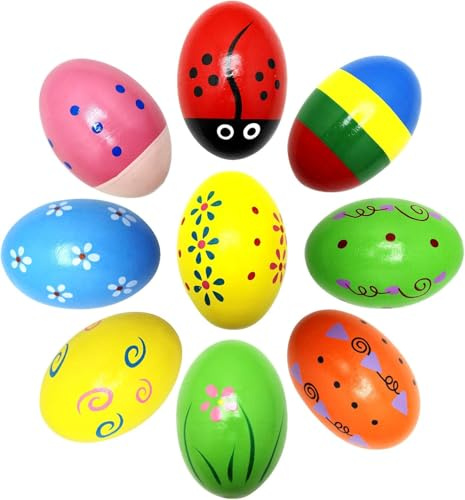 Ostereier Holz, 9 Stück Percussion Musical Egg Shaker, Ostereier aus Holz Musikalische Spielzeuge für Babies, Eier Maracas Holz Ei Shakers, Ostereier Deko für Ostern Korb Stuffer, Ostergeschenke (B)