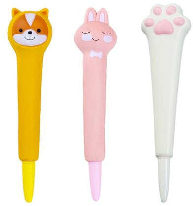 XOXVURI 3 Pièces Stylo Gel Anti-Stress, Stylo Kawaii Papeterie pour se Détendre, se Concentrer, Super Doux, Encre Noire, Squeezies, Corgi+Lapin+Patte de Chat